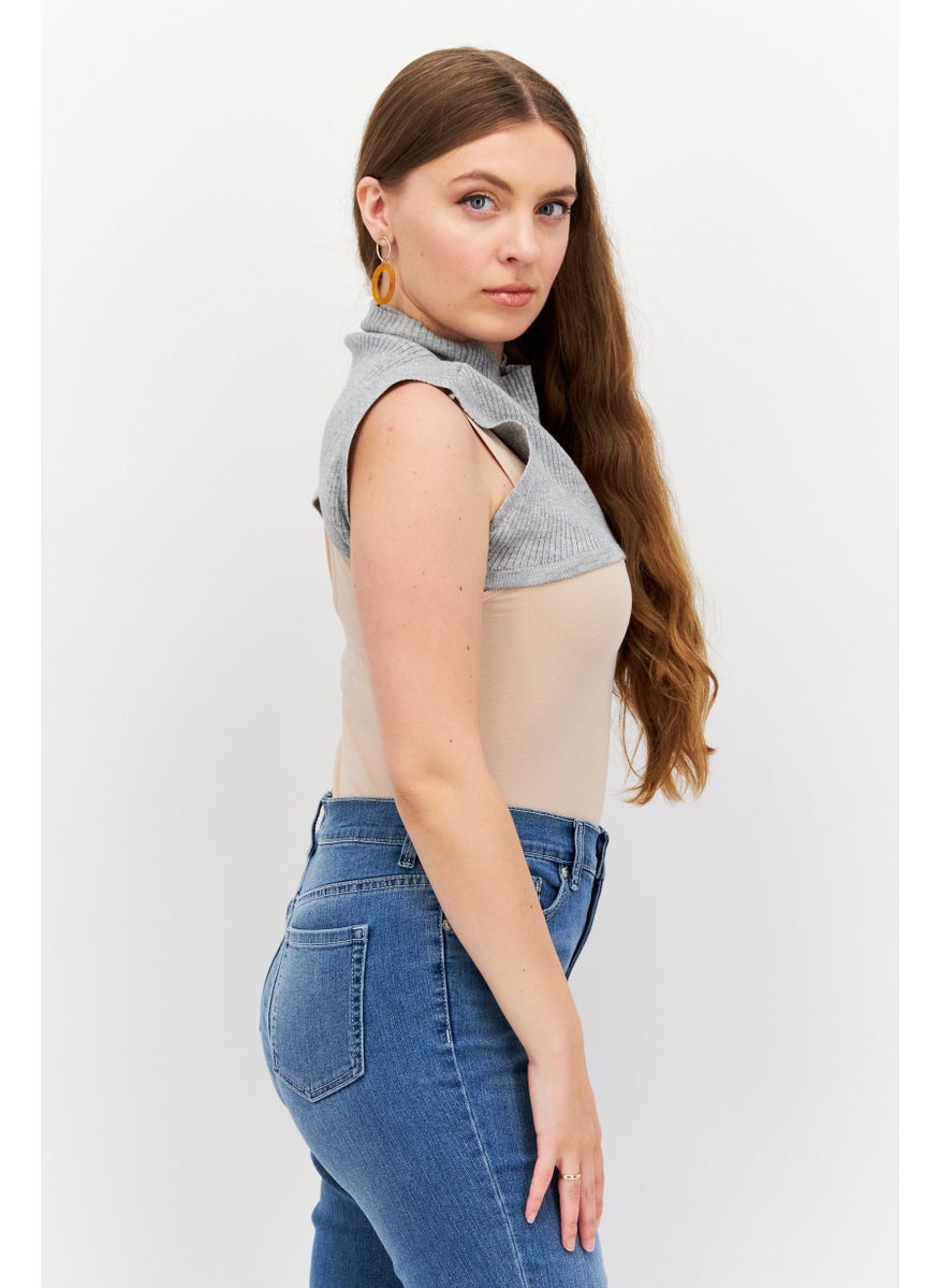 Etam Women Mock Neck Sleeveless Knitted Shoulder Warmer Top, Grey  - Image 4