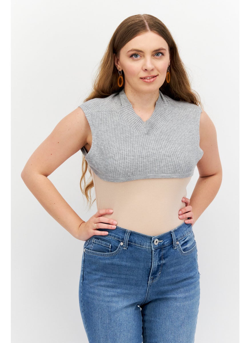 Etam Women Mock Neck Sleeveless Knitted Shoulder Warmer Top, Grey  - Image 1
