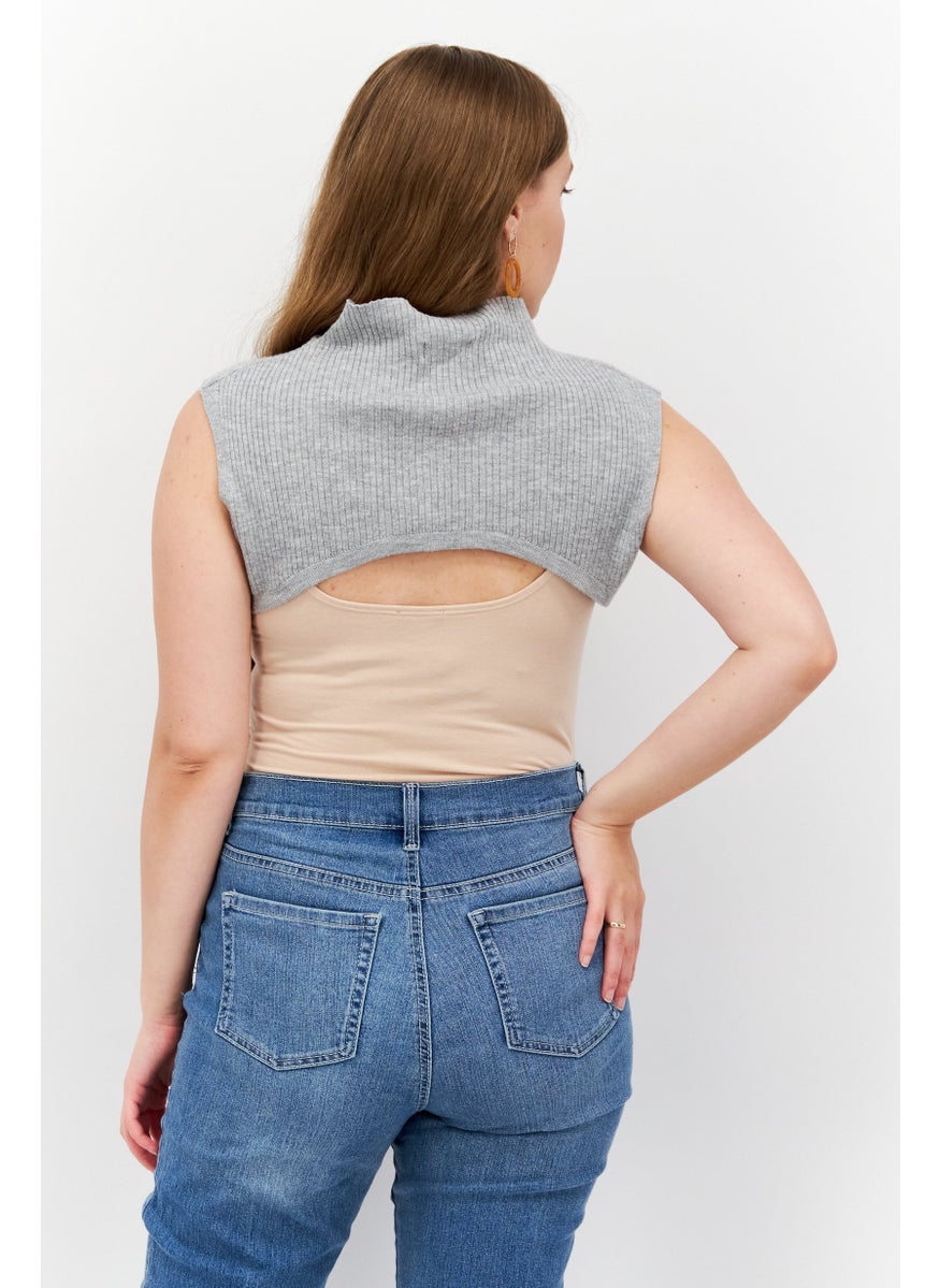 Etam Women Mock Neck Sleeveless Knitted Shoulder Warmer Top, Grey  - Image 2