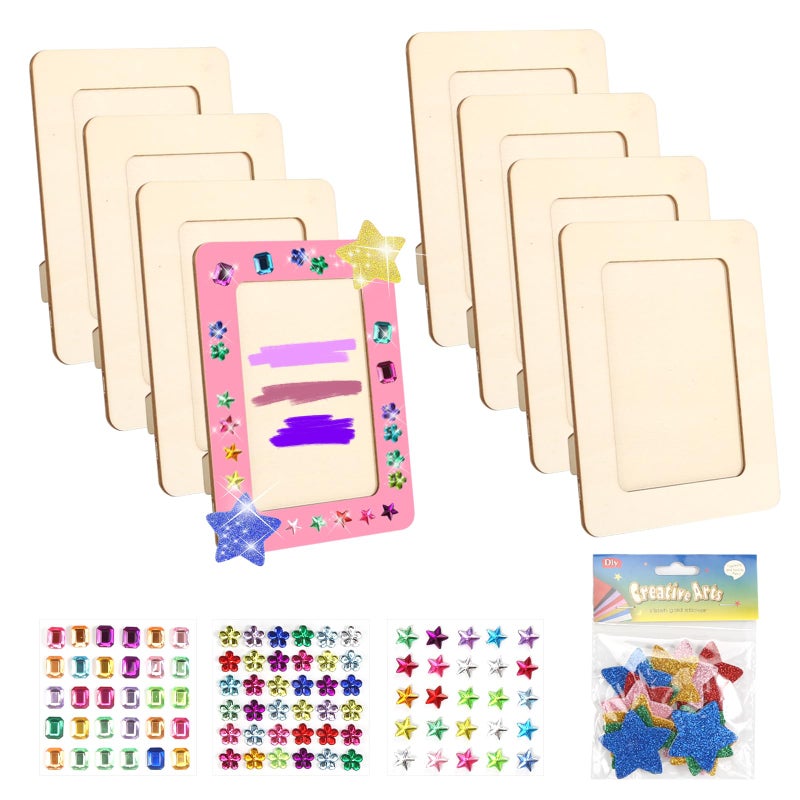 prota 8 Pieces Wood Colour Picture Frame DIY Rectangular Craft Frame Set Photo Frame Children with Glitter Stones Glitter Foam Rubber Sticker for Birthdays Anniversaries