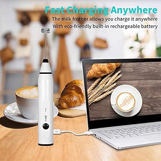 ELECDON خلاط رغوة الحليب الكهربائي المحمول بثلاث سرعات، قابل لإعادة الشحن عبر USB مع خفاقة من الفولاذ المقاوم للصدأ للقهوة واللاتيه والكابتشينو والشوكولاتة والحليب والشاي وحليب جوز الهند وخلاط رغوة متين باللون الأبيض - Image 3