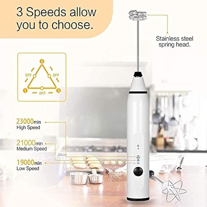 ELECDON خلاط رغوة الحليب الكهربائي المحمول بثلاث سرعات، قابل لإعادة الشحن عبر USB مع خفاقة من الفولاذ المقاوم للصدأ للقهوة واللاتيه والكابتشينو والشوكولاتة والحليب والشاي وحليب جوز الهند وخلاط رغوة متين باللون الأبيض - Image 5