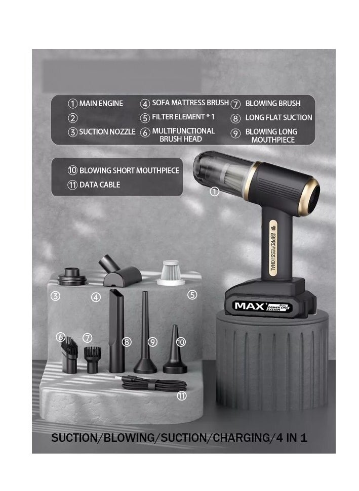 4-in-1 Rechargeable Handheld Portable 120W Vacuum Cleaner for Cars, Home, Office – Strong 9000PA Suction, Cordless, Blowing, Inflation, Pumping