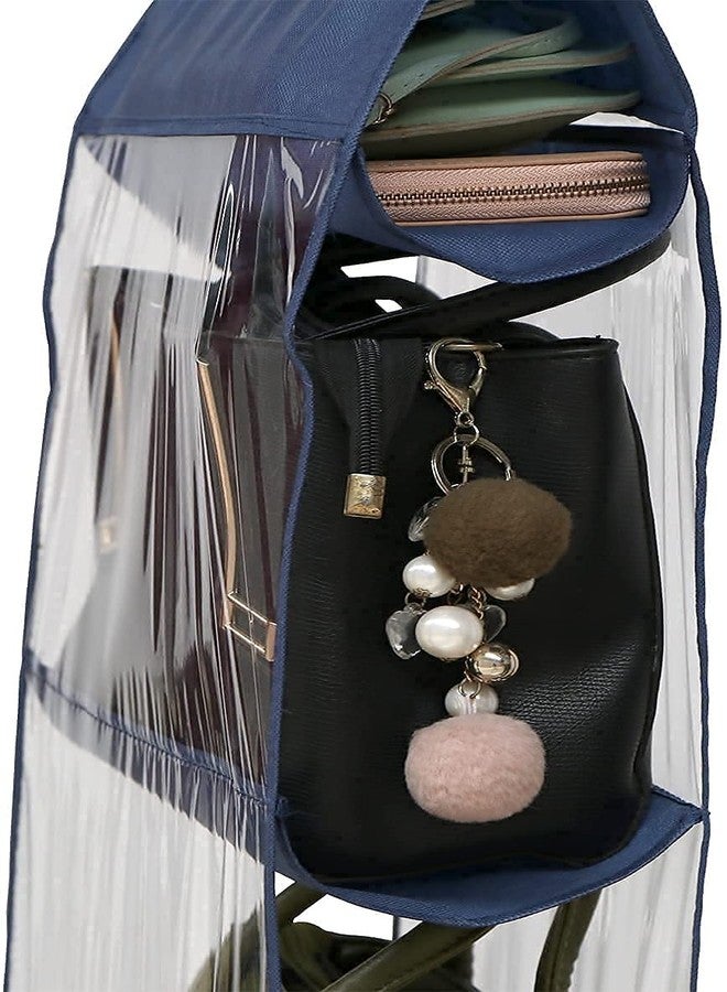 grofly 4 Pocket Foldable Hanging Purse Handbag Organizer for Storage Ladies Women Large Clear Hand Bag Storage Closet Tidy Wardrobe Rack Hanger Holder for Fashion Handbag Clutch Purse Pouch -Navy Blue - Image 3