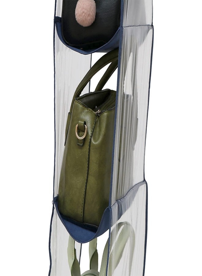 grofly 4 Pocket Foldable Hanging Purse Handbag Organizer for Storage Ladies Women Large Clear Hand Bag Storage Closet Tidy Wardrobe Rack Hanger Holder for Fashion Handbag Clutch Purse Pouch -Navy Blue - Image 4