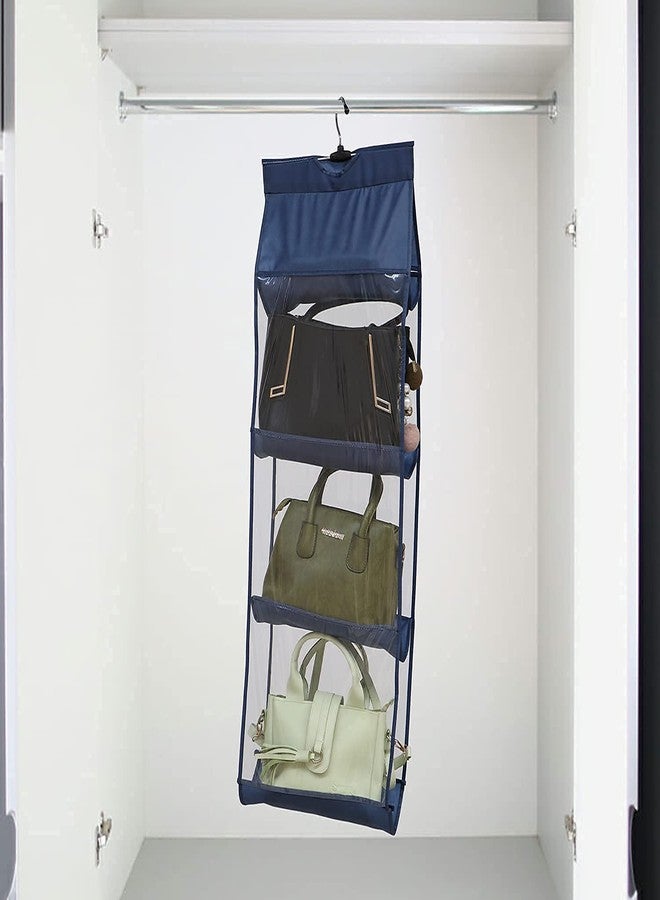 grofly 4 Pocket Foldable Hanging Purse Handbag Organizer for Storage Ladies Women Large Clear Hand Bag Storage Closet Tidy Wardrobe Rack Hanger Holder for Fashion Handbag Clutch Purse Pouch -Navy Blue - Image 1