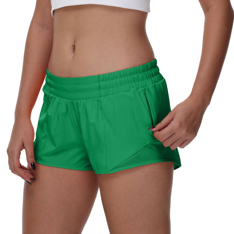 MCEDAR Women's Running Shorts Low Waisted 2.5"ï¼ŒLightweight Active Workout Quick Dry Gym Athletic Sports Shorts Zip Pocket Green,8/M - Image 3