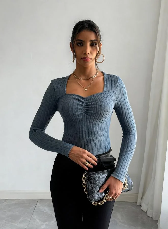 Take Two Women Blue Long Sleeve Ribbed Top
