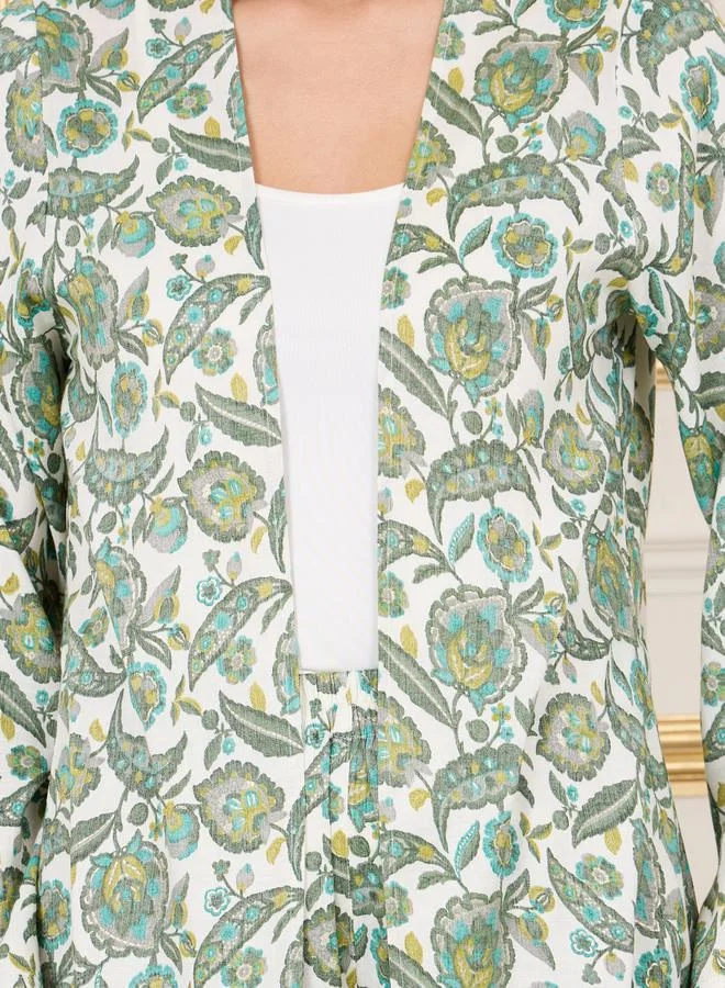 Styli Pack of 3 - Floral Print Open Front Kimono and Straight Leg Pant with Cami Set