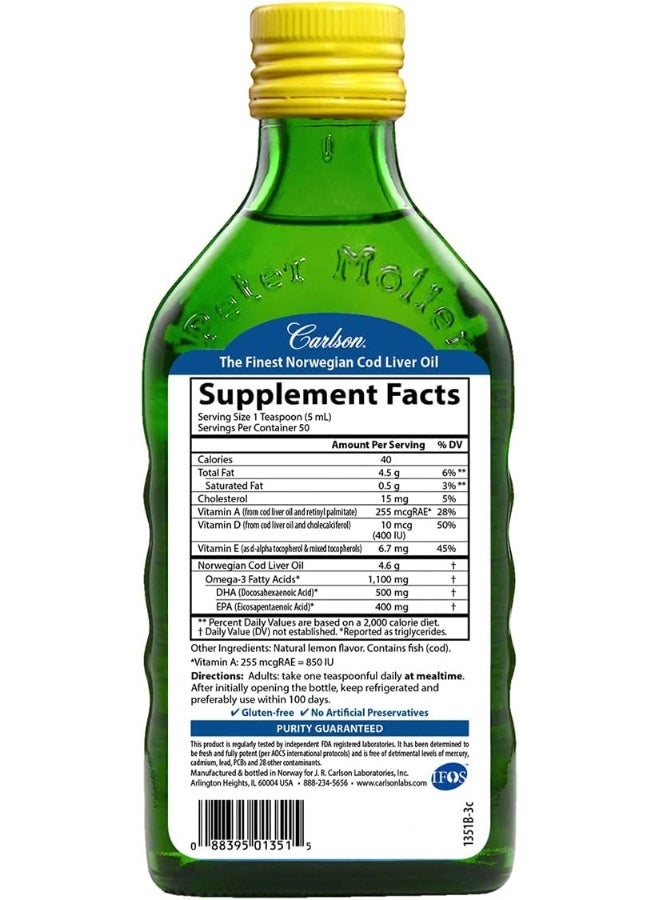 Carlson Cod Liver Oil, Norwegian, Lemon, 1,100 mg Omega-3s, 250 mL - Image 2