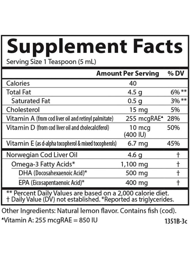 Carlson Cod Liver Oil, Norwegian, Lemon, 1,100 mg Omega-3s, 250 mL - Image 3