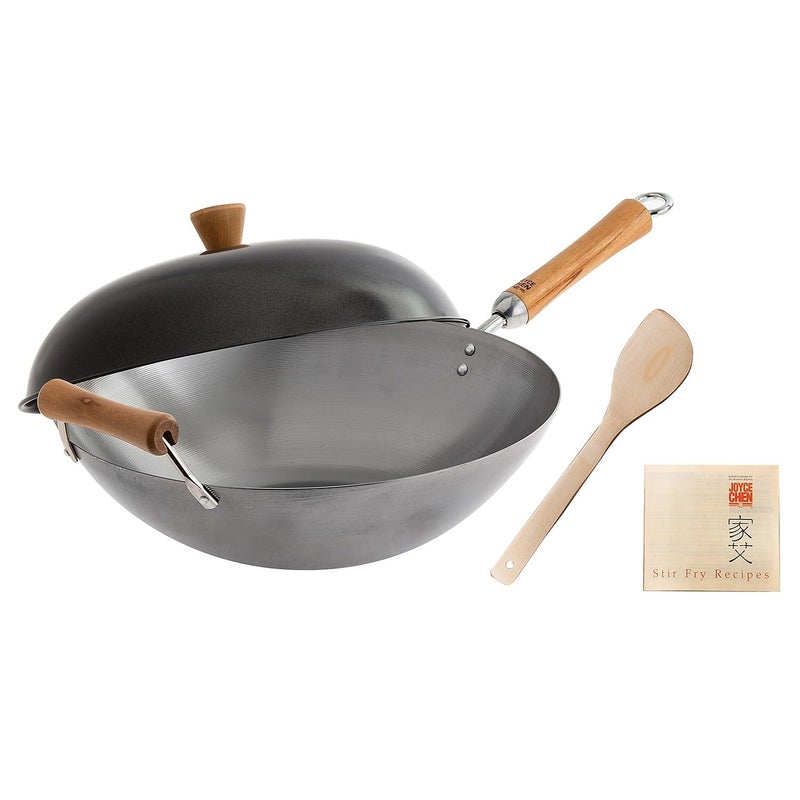 JOYCE CHEN Classic Series 14Inch Uncoated Carbon Steel Wok Set with Lid and Birch Handles 4 Pieces