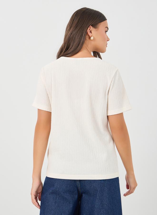 Styli Textured V-Neck Front Button Blouse - Image 4