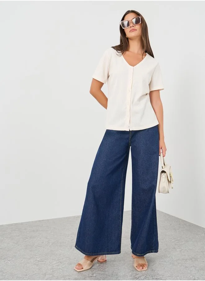 ستايلي Styli Textured V-Neck Front Button Blouse