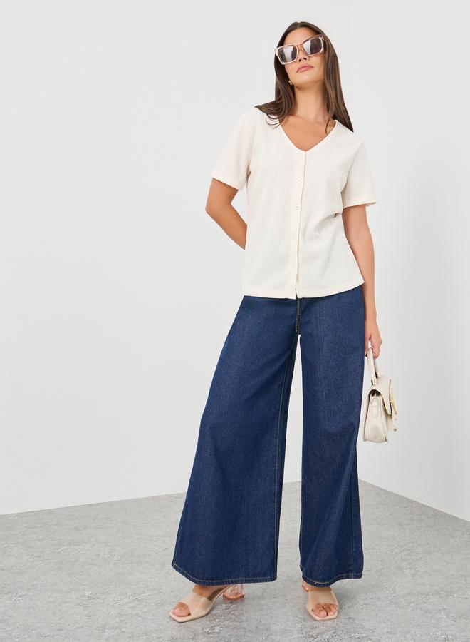 Styli Textured V-Neck Front Button Blouse - Image 2