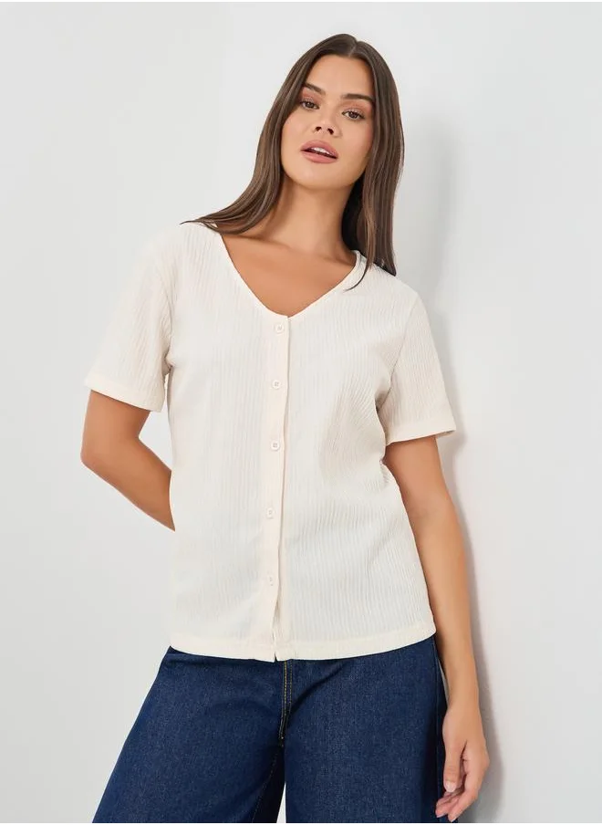 ستايلي Styli Textured V-Neck Front Button Blouse