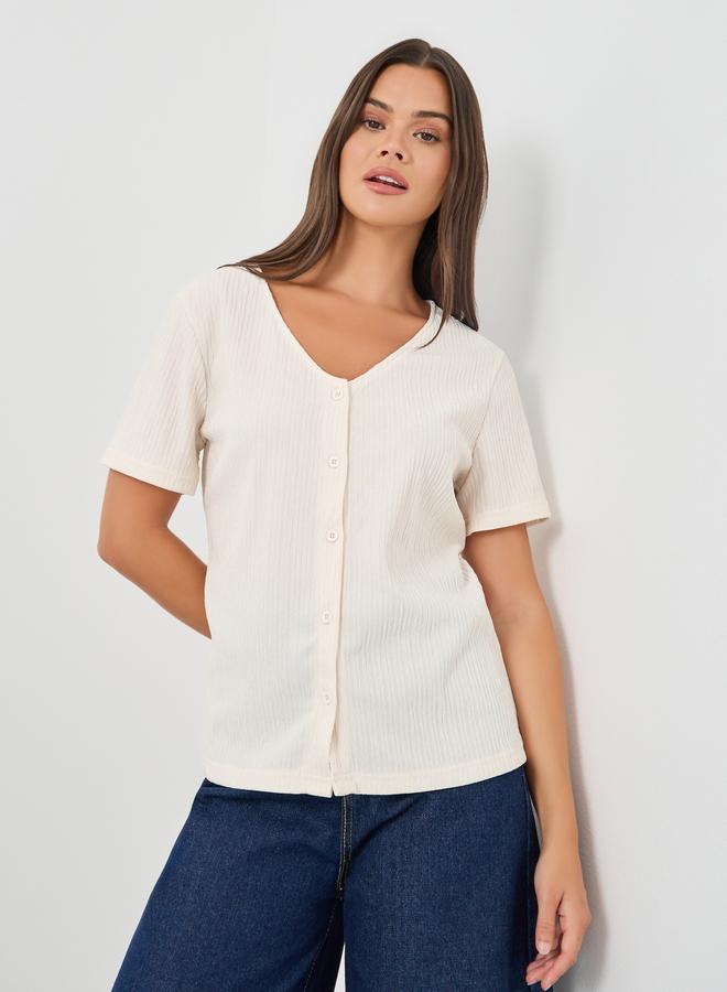 Styli Textured V-Neck Front Button Blouse - Image 1
