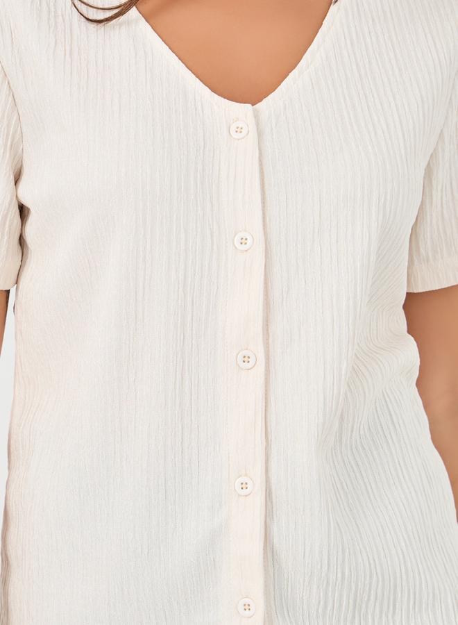 Styli Textured V-Neck Front Button Blouse - Image 3