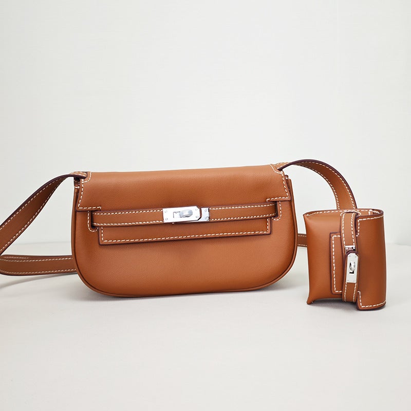 Moove High-End Genuine Leather Womens Crossbody Bag Multi-Functional Waist Bag Trendy Earphone Bag For Mothers And Daughters Golden brown [without logo] 