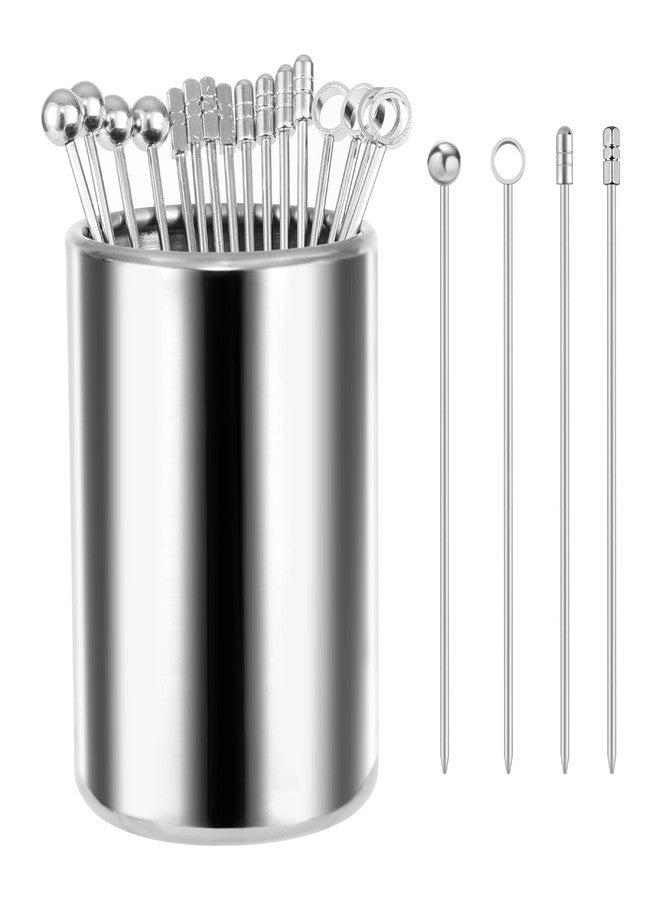 tchrules Cocktail Picks, 16Pcs Metal Martini Picks, Reusable Stainless Steel Drink Stick with Storage Cup, Bloody Mary Skewers for Appetizers Sandwiches, BBQ Snacks, Olives Fruits - Image 1