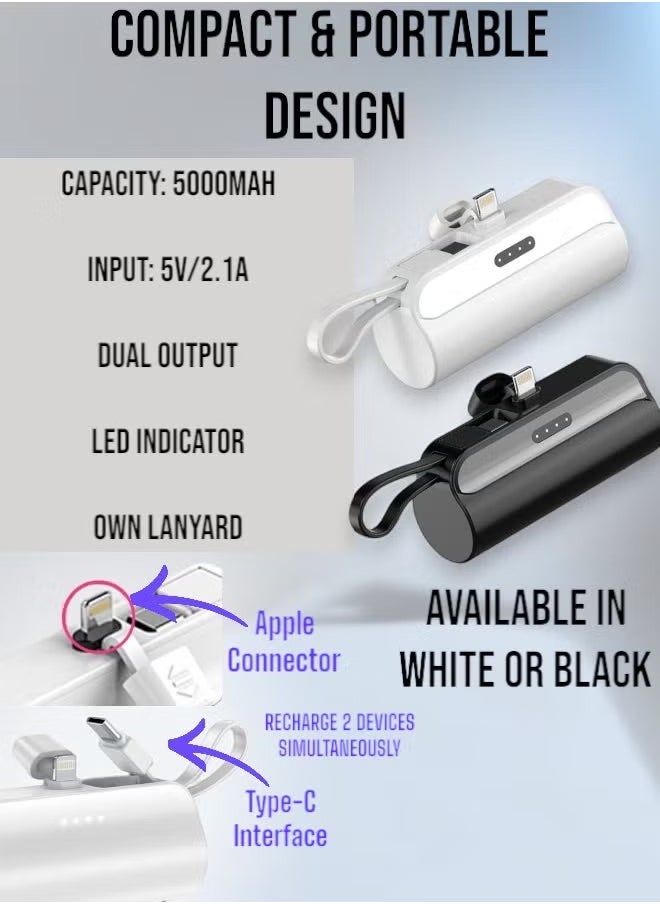 5000mAh Mini Power Bank, iPhone LIGHTNING Connector, Portable Charger Battery Pack, with Built in Cables and Foldable Stand & LED Display With light – Compatible for iPhone, Air Pods, iPad, and more (Black/White)