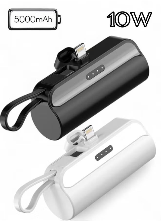 5000mAh Mini Power Bank, iPhone LIGHTNING Connector, Portable Charger Battery Pack, with Built in Cables and Foldable Stand & LED Display With light – Compatible for iPhone, Air Pods, iPad, and more (Black/White)