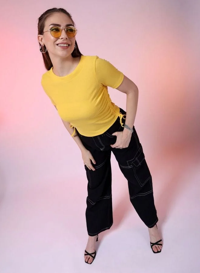 Women Regular Fit Solid Round Neck Short Sleeve Ruched Top