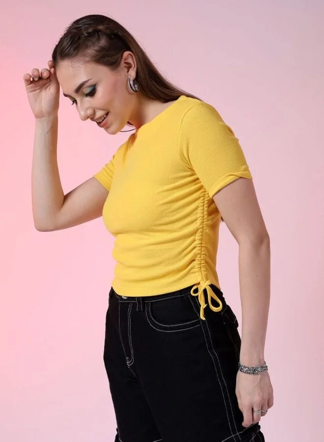 Freehand  Women Regular Fit Solid Round Neck Short Sleeve Ruched Top  | Best Price UAE