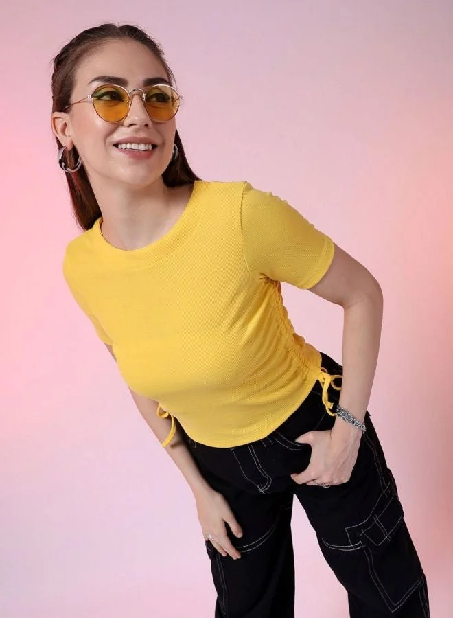 Freehand  Women Regular Fit Solid Round Neck Short Sleeve Ruched Top  | Best Price UAE
