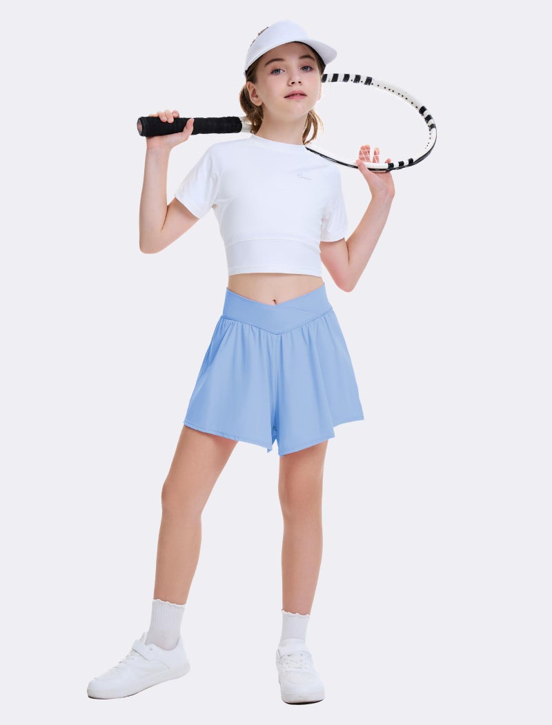 FireSwan Girls Butterfly Shorts Crossover Athletic Shorts with Pockets 2 in 1 Flowy Running Skorts for Teen, Girls, Youth Baby Blue - Image 2