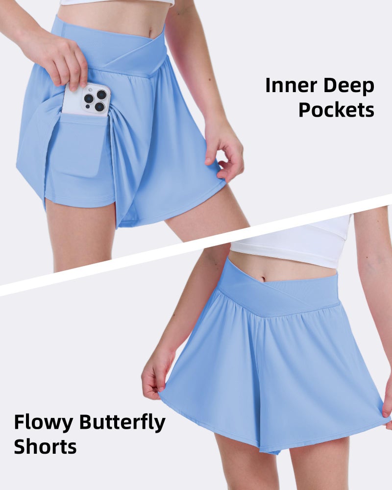 FireSwan Girls Butterfly Shorts Crossover Athletic Shorts with Pockets 2 in 1 Flowy Running Skorts for Teen, Girls, Youth Baby Blue - Image 3