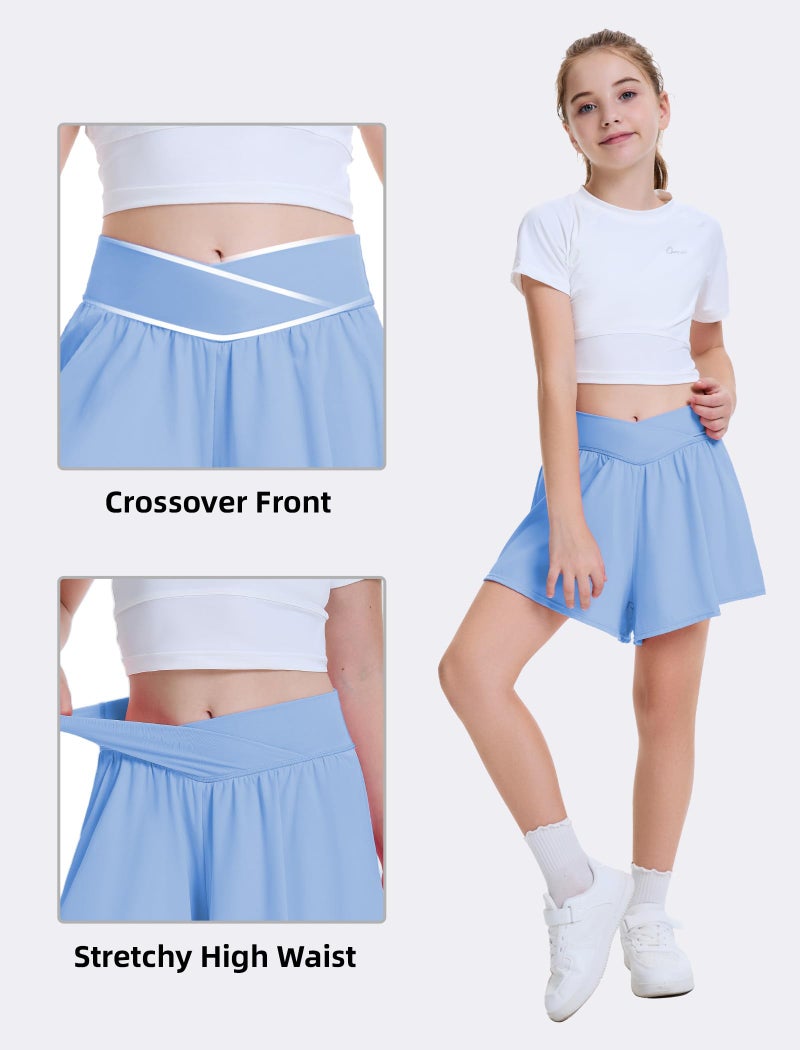 FireSwan Girls Butterfly Shorts Crossover Athletic Shorts with Pockets 2 in 1 Flowy Running Skorts for Teen, Girls, Youth Baby Blue - Image 4