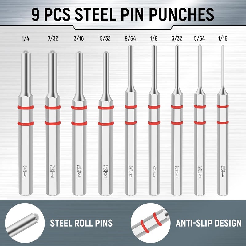W WIREGEAR Pin Punch Set, Steel Roll Pin Punch Set, Punch Tool, Pin Punches with Replaceable Face Hammer, Made of Solid Material, Mechanical Repair Tool with Bench Block - Image 3