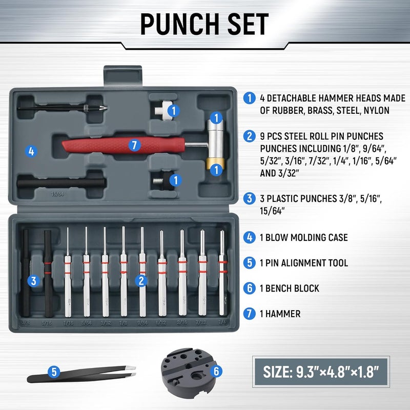 W WIREGEAR Pin Punch Set, Steel Roll Pin Punch Set, Punch Tool, Pin Punches with Replaceable Face Hammer, Made of Solid Material, Mechanical Repair Tool with Bench Block - Image 2
