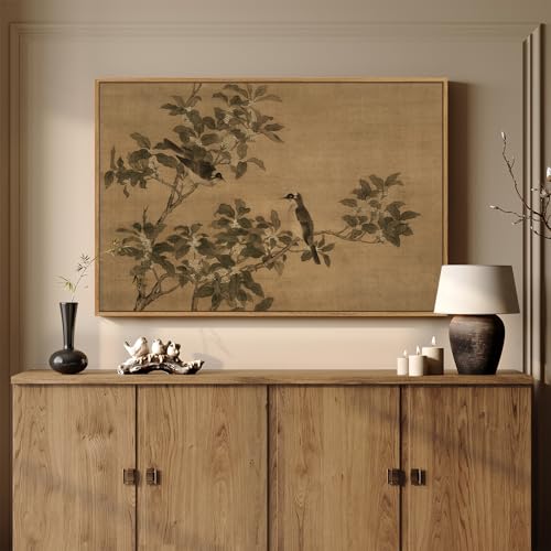 Cuspin Framed Vintage Botanical Birds on Branch Wall Art Retro Neutral Still Life Canvas Artwork for Walls Elegant Rustic Painting Print for Living Room Bedroom Dining Room Office Wall Decor 36x24 Inch - Image 1