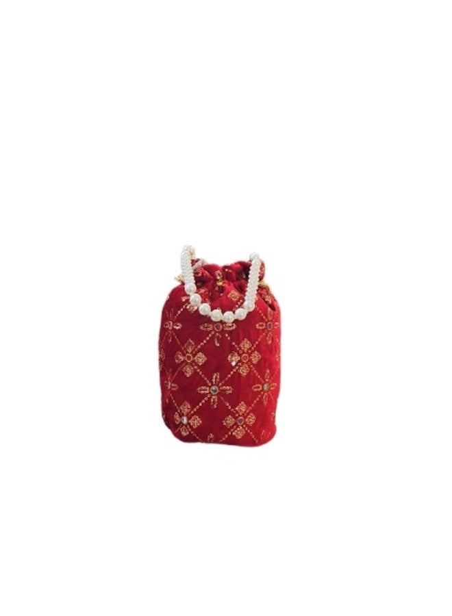 SuneshCreation Ethnic Embroidered Drawstring Potli Bag, Floral Design, Pearl Handle, Traditional Style Wristlet Purse (dark pink) - Image 2