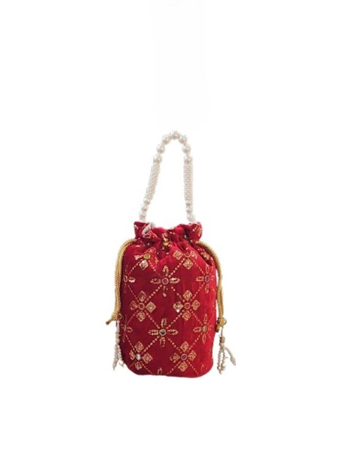 SuneshCreation Ethnic Embroidered Drawstring Potli Bag, Floral Design, Pearl Handle, Traditional Style Wristlet Purse (dark pink) - Image 3