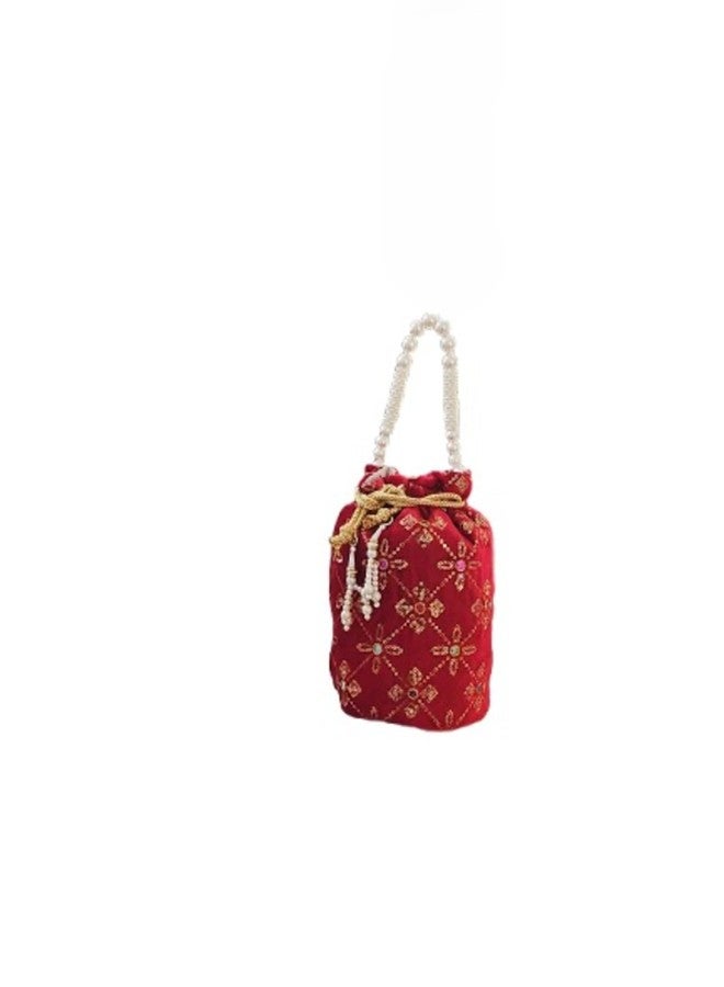 SuneshCreation Ethnic Embroidered Drawstring Potli Bag, Floral Design, Pearl Handle, Traditional Style Wristlet Purse (dark pink) - Image 4