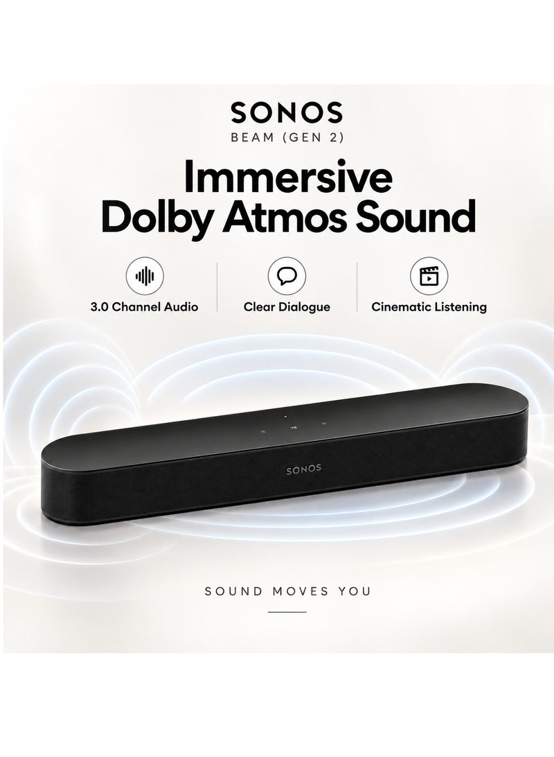 سونوس Sonos Beam (Gen 2) 3.0 Channel Smart Soundbar with Dolby Atmos, HDMI eARC, Wi-Fi, Apple AirPlay 2, Voice Control & Multi-Room Audio, Black - BEAM2US1BKHB BEAM2US1BKHB - Image 2