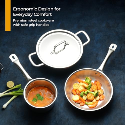 Lifelong Triply 5 piece cookware set|Triply Kadai, Frypan, Saucepan & Tadka Pan for Cooking | 20cm Kadai (1.7L)& Fry Pan (1.2L) 20cm| 14cm Saucepan (1.2L) & Tadka Pan 10 Cm with Common Lid (LLTPDK009)|Induction and Gas Stove Compatible - Image 3