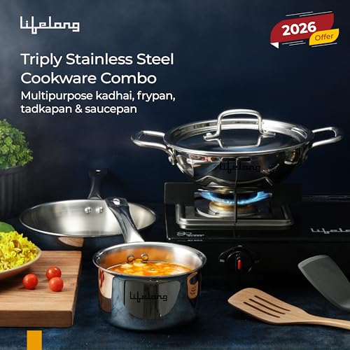 Lifelong Triply 5 piece cookware set|Triply Kadai, Frypan, Saucepan & Tadka Pan for Cooking | 20cm Kadai (1.7L)& Fry Pan (1.2L) 20cm| 14cm Saucepan (1.2L) & Tadka Pan 10 Cm with Common Lid (LLTPDK009)|Induction and Gas Stove Compatible - Image 2