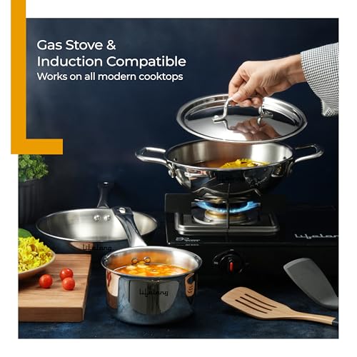 Lifelong Triply 5 piece cookware set|Triply Kadai, Frypan, Saucepan & Tadka Pan for Cooking | 20cm Kadai (1.7L)& Fry Pan (1.2L) 20cm| 14cm Saucepan (1.2L) & Tadka Pan 10 Cm with Common Lid (LLTPDK009)|Induction and Gas Stove Compatible - Image 5