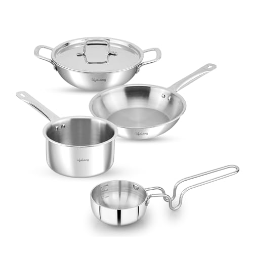 Lifelong Triply 5 piece cookware set|Triply Kadai, Frypan, Saucepan & Tadka Pan for Cooking | 20cm Kadai (1.7L)& Fry Pan (1.2L) 20cm| 14cm Saucepan (1.2L) & Tadka Pan 10 Cm with Common Lid (LLTPDK009)|Induction and Gas Stove Compatible - Image 1