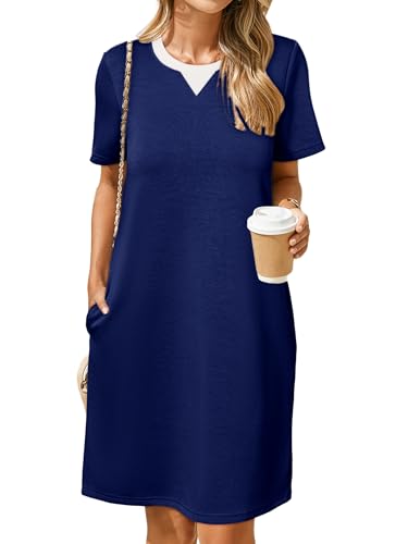 Glamaker Women Summer Tshirt Shift Dress Casual Striped Short Sleeve Crew Neck Knee Length Comfy Dress with Pockets (Navy Blue M) - Image 1