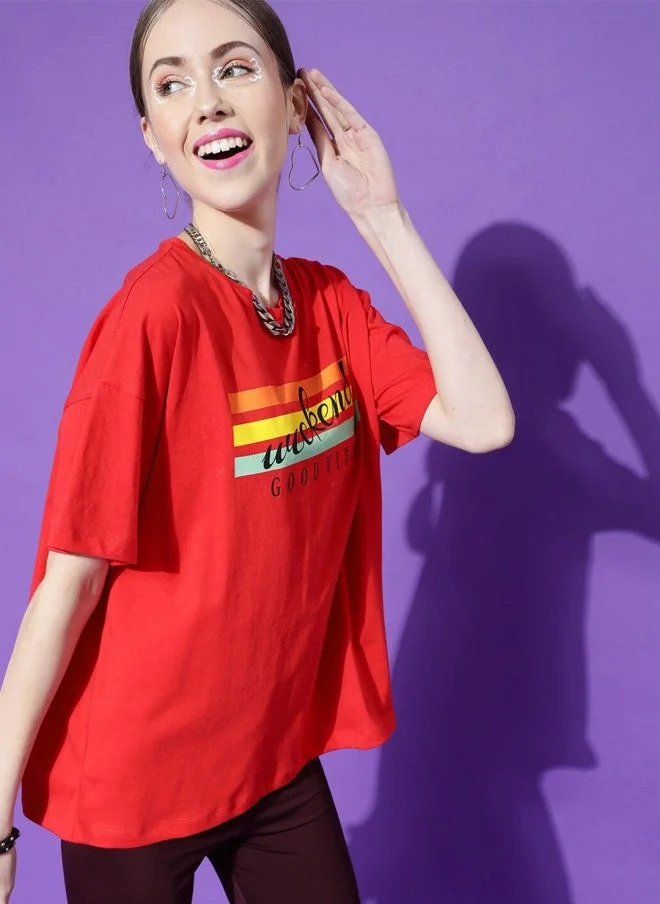 Red Typography Printed T-Shirt for Women