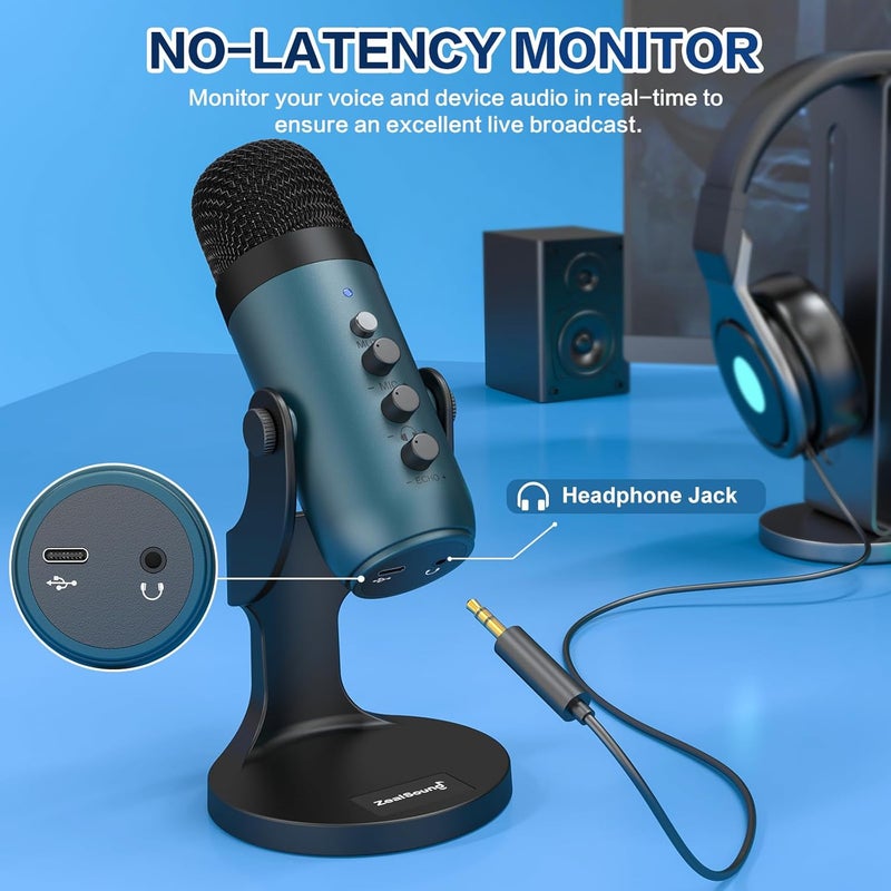 ميكروفون ألعاب USB من ZealSound، ميكروفون مكثف للكمبيوتر الشخصي، ميكروفونات توصيل وتشغيل لأجهزة PS4 وPS5. تحكم في مراقبة الصوت ومستوى الصوت، تحكم في كسب الميكروفون، زر كتم الصوت لتطبيق TikTok ويوتيوب بودكاست على أجهزة Mac وWindows (باللون الأزرق المخضر) - Image 4