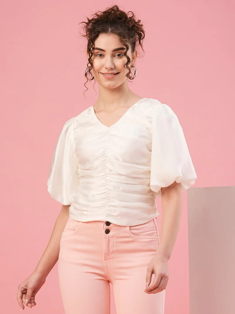 globus Globus Women V-Neck Short Sleeves Flutter Sleeve Crepe Party Top