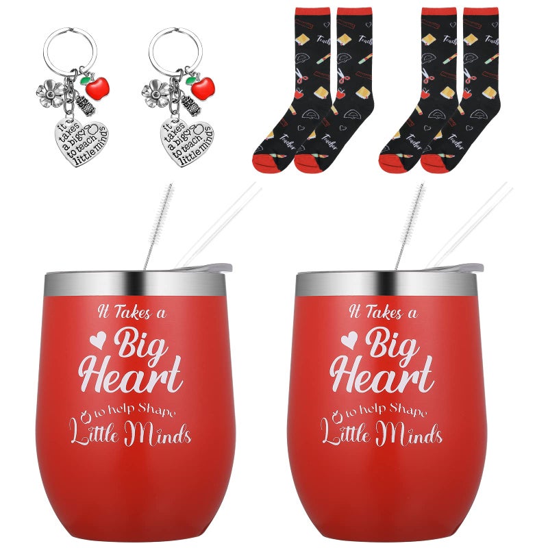 Ferraycle 2 Sets Teacher Graduation Gift Cups Red Tumbler Daycare Teacher Mug Tumbler Keychain Socks for Women End of the Year Student Employee Appreciation Gift It Takes a Big Heart to Help Shape Minds 