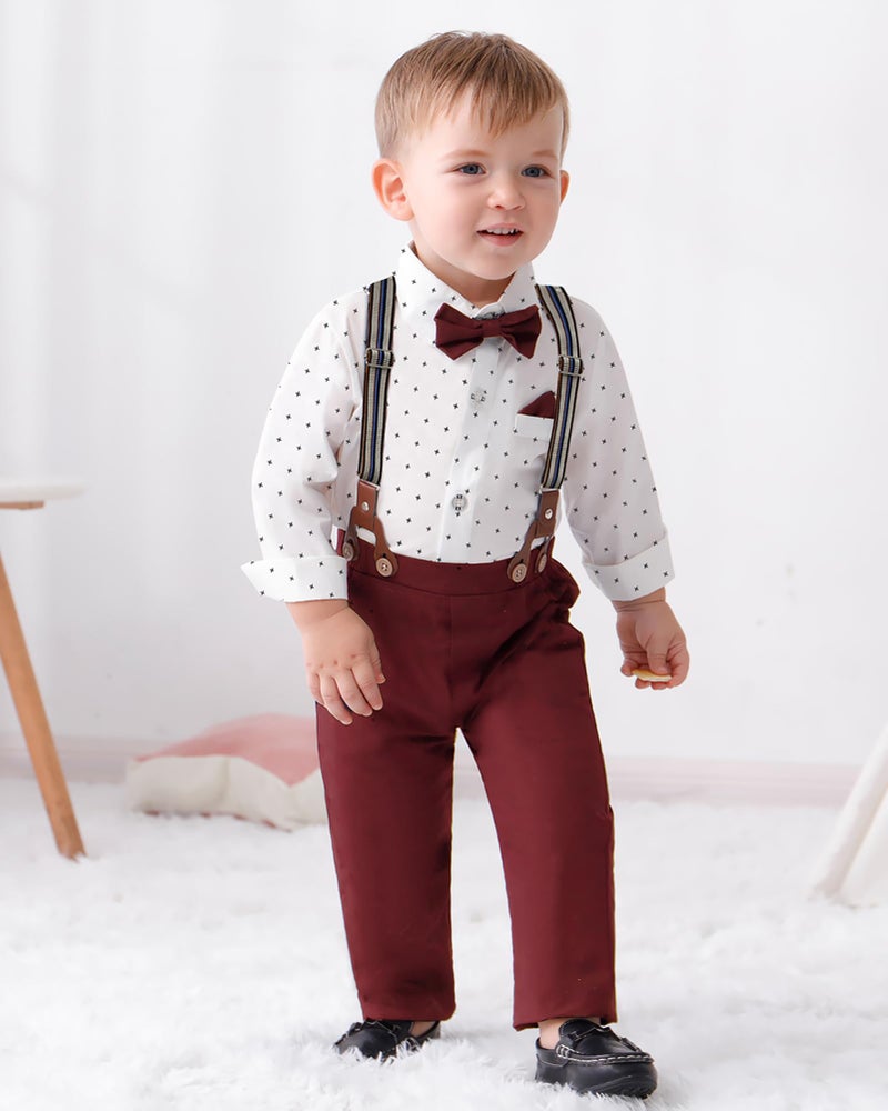 DISAUR Toddler Boy Wedding Outfits Short Sleeve White Flower Dress Shirt Bow Tie Suspender Christmas Red Plaid Pants Baptism Outfits For Boys 12 Months 1t 18 Months - Image 3