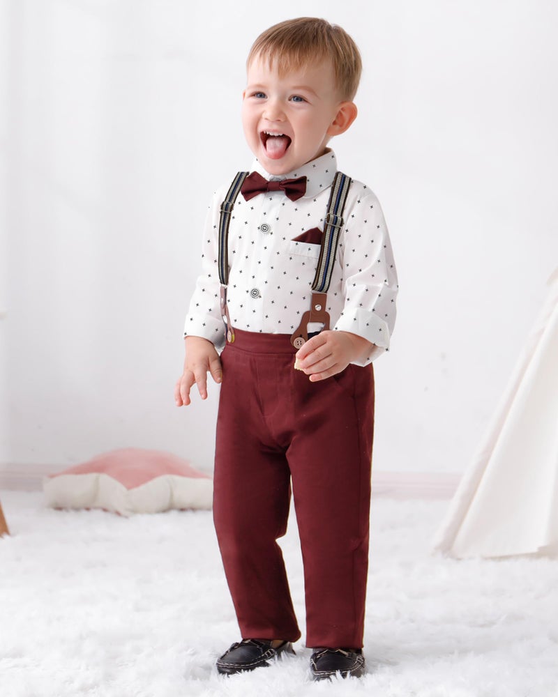 DISAUR Toddler Boy Wedding Outfits Short Sleeve White Flower Dress Shirt Bow Tie Suspender Christmas Red Plaid Pants Baptism Outfits For Boys 12 Months 1t 18 Months - Image 2